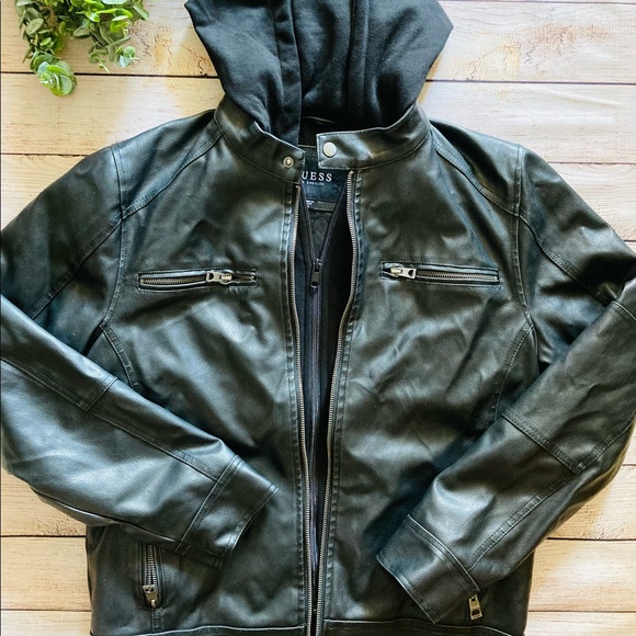 GUESS Faux Leather Hooded Moto Jacket - Picture 2 of 14